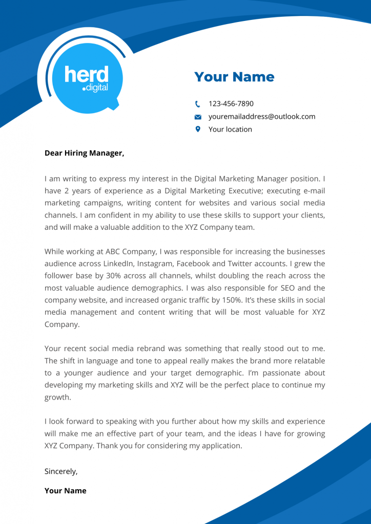 digital marketing cover letter example