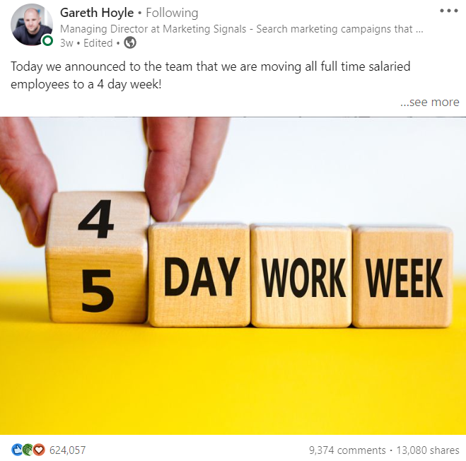 Marketing Signals Director, Gareth Hoyle, announces their four day working week trial.